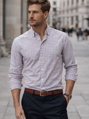 Perry Ellis White Button-Down Shirt with Blue & Pink Check